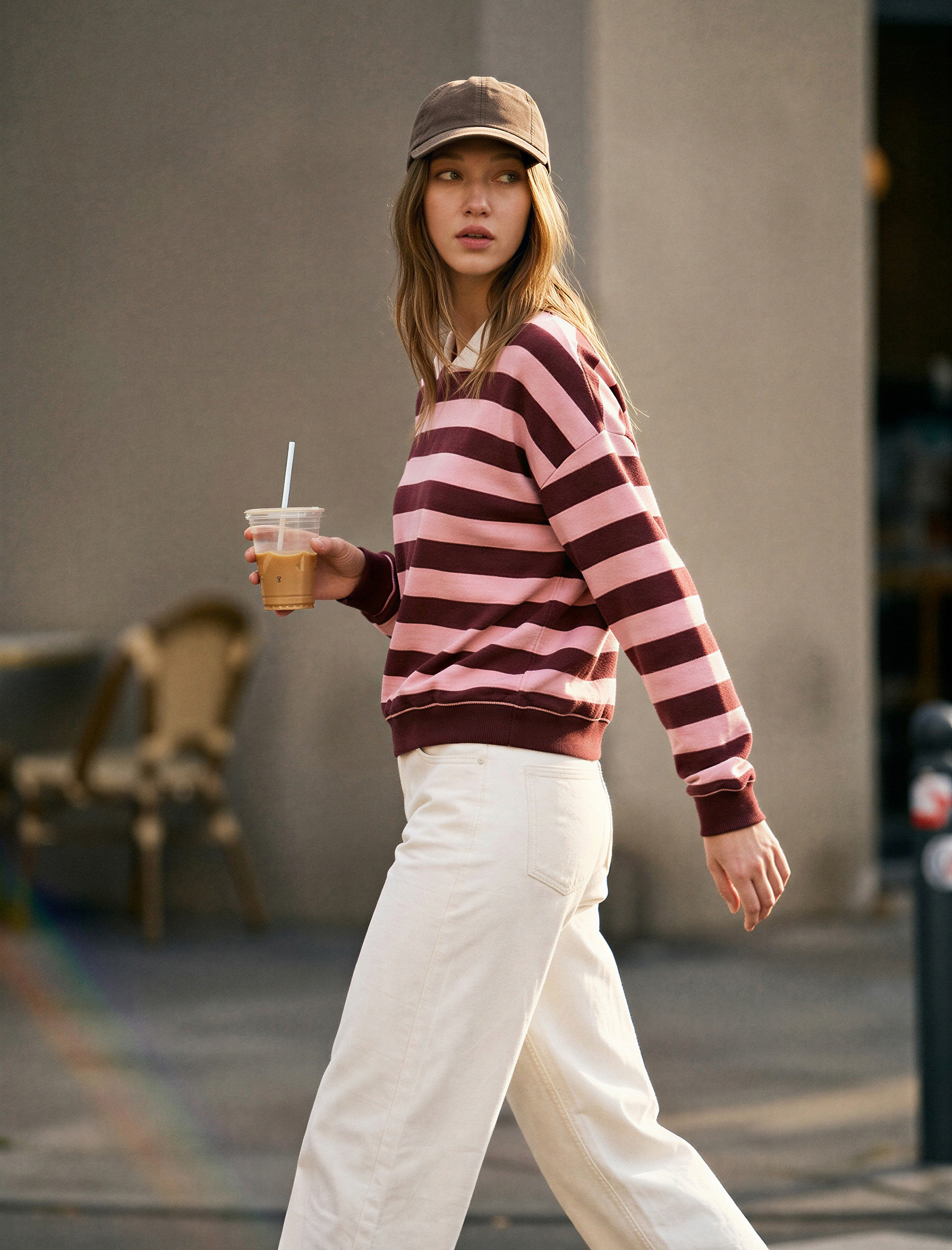   Rahat Kalıp Uzun Kollu Polo Yaka Çizgili Sweatshirt