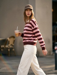 Rahat Kalıp Uzun Kollu Polo Yaka Çizgili Sweatshirt