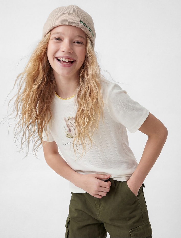 Kız Çocuk Kedi Baskılı Bisiklet Yaka Kısa Kollu Tişört