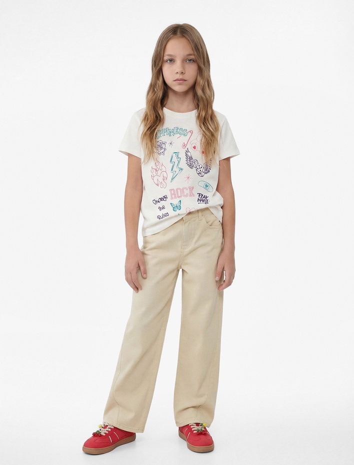 Kız Çocuk Baskılı Kısa Kollu Bisiklet Yaka Pamuklu Tişört