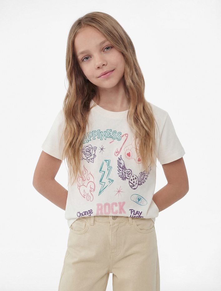Kız Çocuk Baskılı Kısa Kollu Bisiklet Yaka Pamuklu Tişört