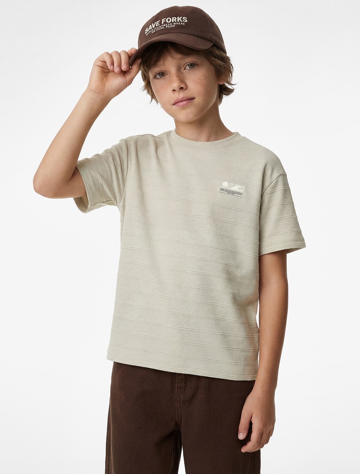 Erkek Çocuk Pamuklu Baskılı Bisiklet Yaka Kısa Kollu Çizgili Tişört