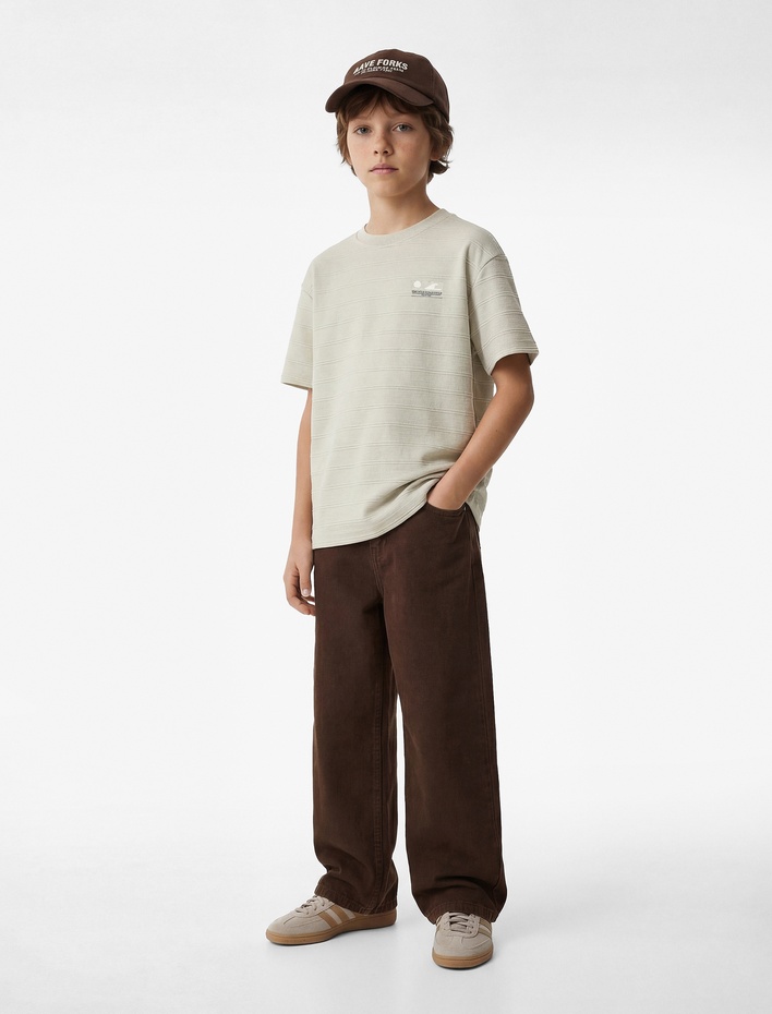 Erkek Çocuk Pamuklu Baskılı Bisiklet Yaka Kısa Kollu Çizgili Tişört