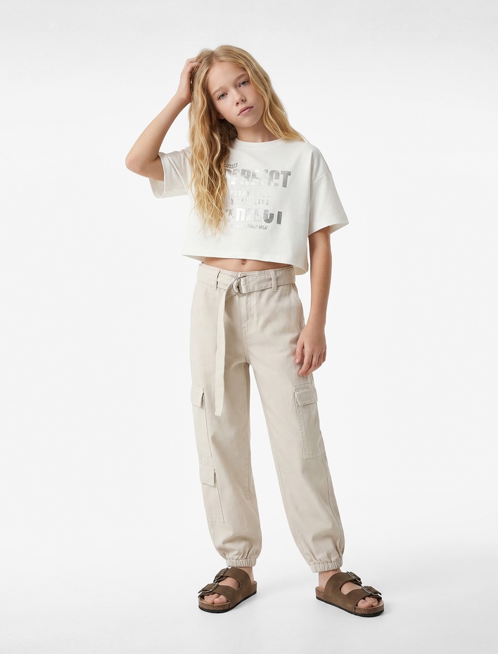 Kız Çocuk Pamuklu Kısa Kollu Bisiklet Yaka Baskılı Crop Tişört