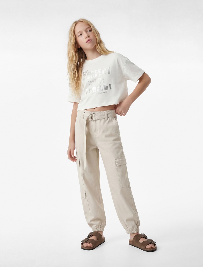 Kız Çocuk Pamuklu Kısa Kollu Bisiklet Yaka Baskılı Crop Tişört