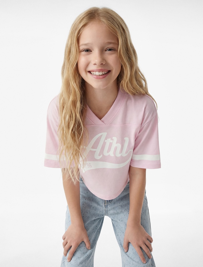 Kız Çocuk V Yaka Kısa Kollu Bisiklet Yaka Baskılı Crop Tişört