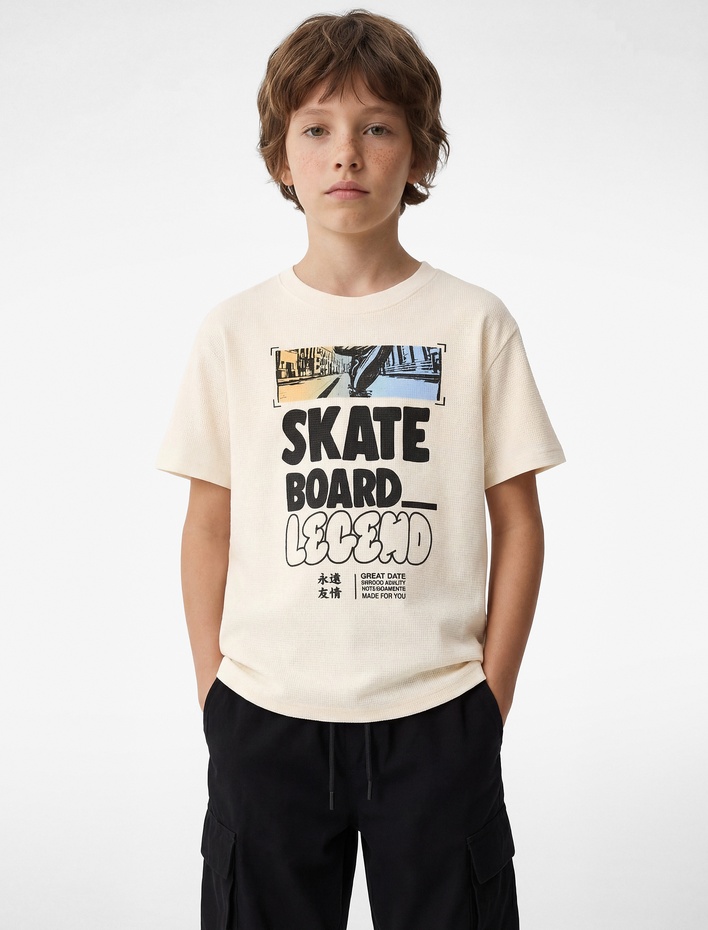 Erkek Çocuk Baskılı Kısa Kollu Bisiklet Yaka Pamuklu Tişört