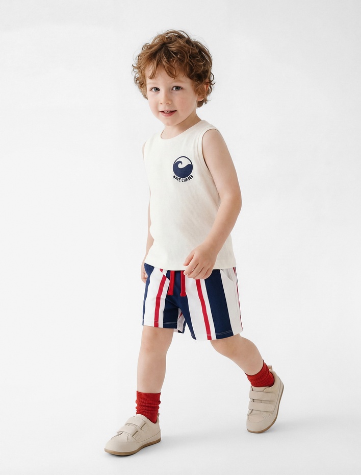 Erkek Bebek Pamuklu Cepli Beli Bağcıklı Çizgili Şort