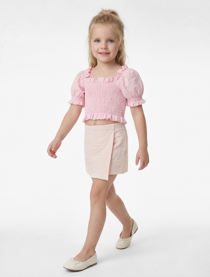 Kız Bebek Beli Lastikli Dokulu Kruvaze Şort Etek