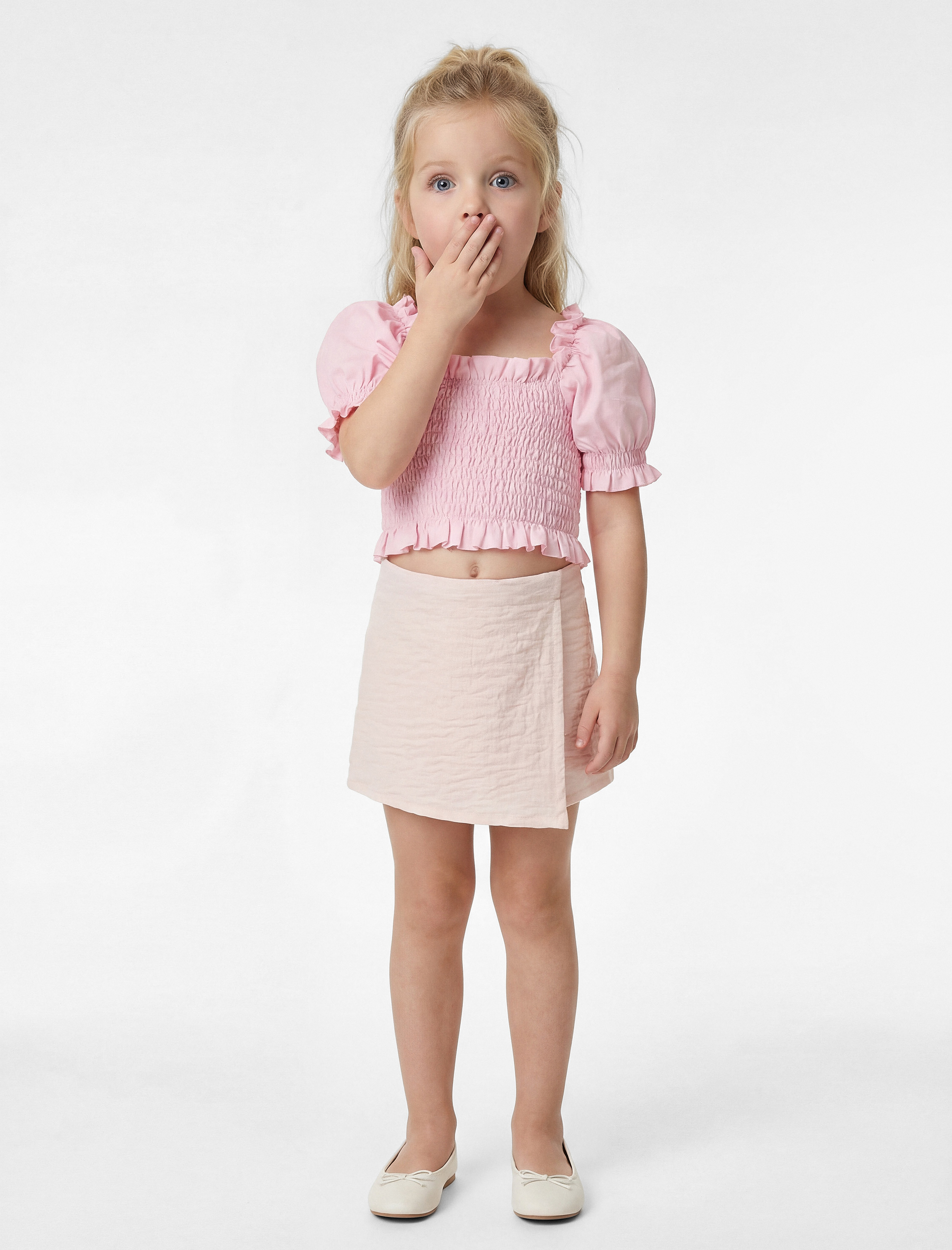  Kız Bebek Beli Lastikli Dokulu Kruvaze Şort Etek