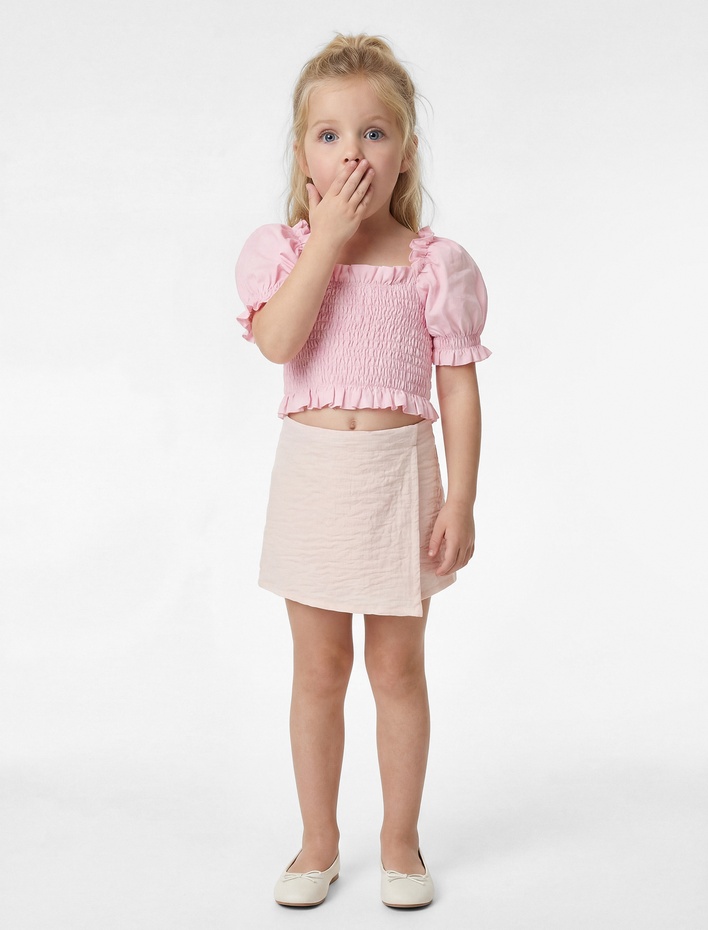 Kız Bebek Beli Lastikli Dokulu Kruvaze Şort Etek