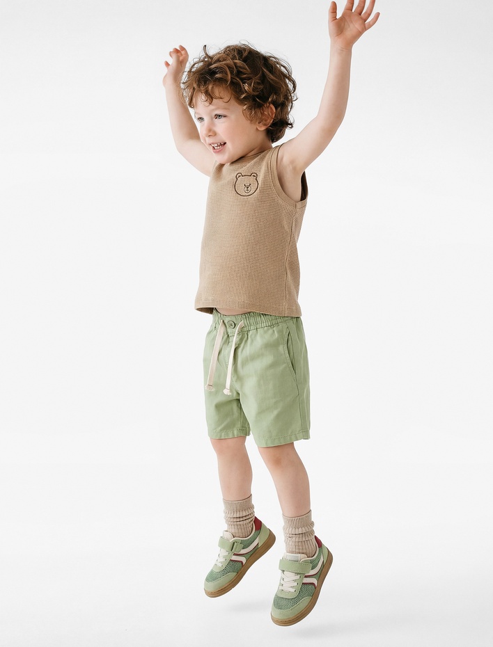 Erkek Bebek Ayıcık Nakış Detaylı Bisiklet Yaka Pamuklu Kolsuz Atlet