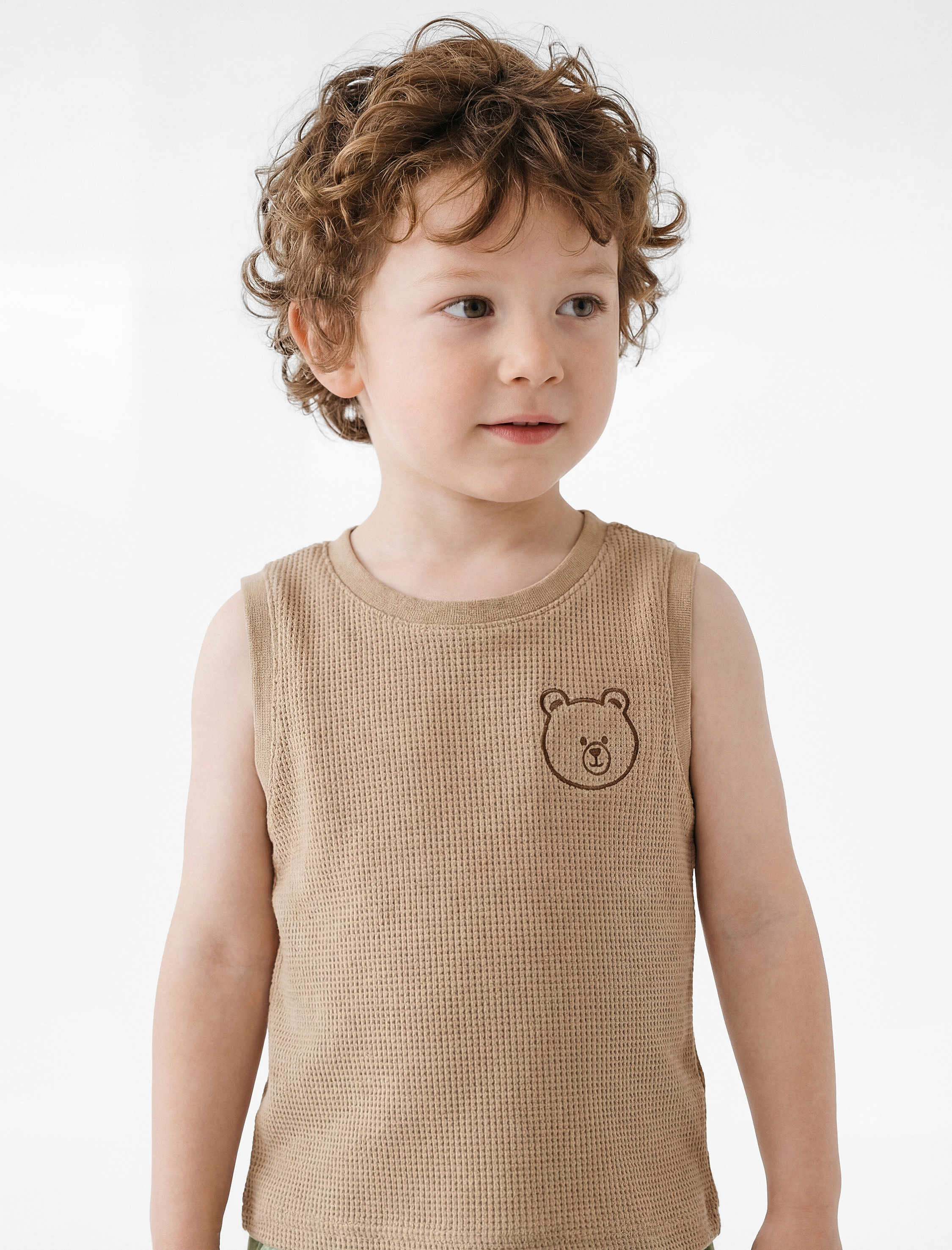  Erkek Bebek Ayıcık Nakış Detaylı Bisiklet Yaka Pamuklu Kolsuz Atlet