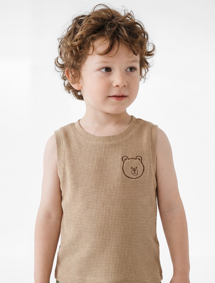 Erkek Bebek Ayıcık Nakış Detaylı Bisiklet Yaka Pamuklu Kolsuz Atlet