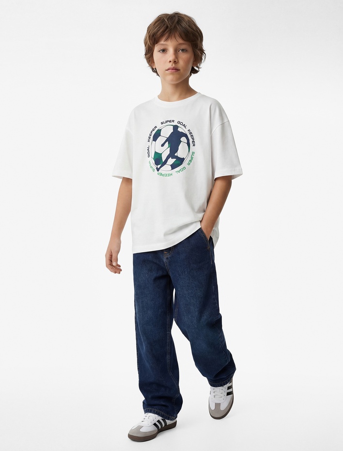 Erkek Çocuk Pamuklu Kısa Kollu Bisiklet Yaka Futbol Baskılı Tişört
