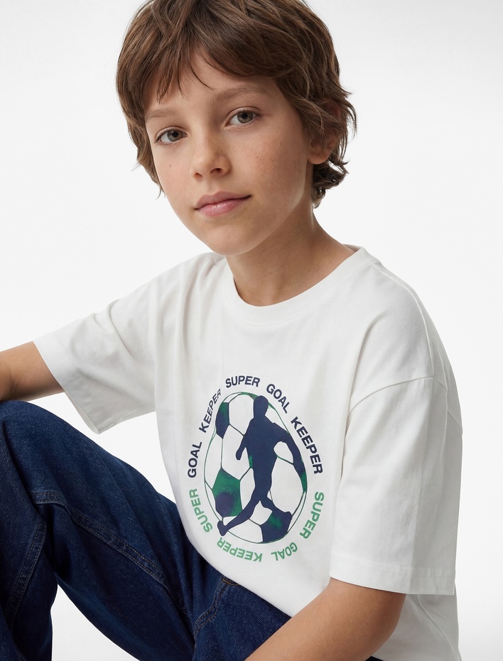 Erkek Çocuk Pamuklu Kısa Kollu Bisiklet Yaka Futbol Baskılı Tişört