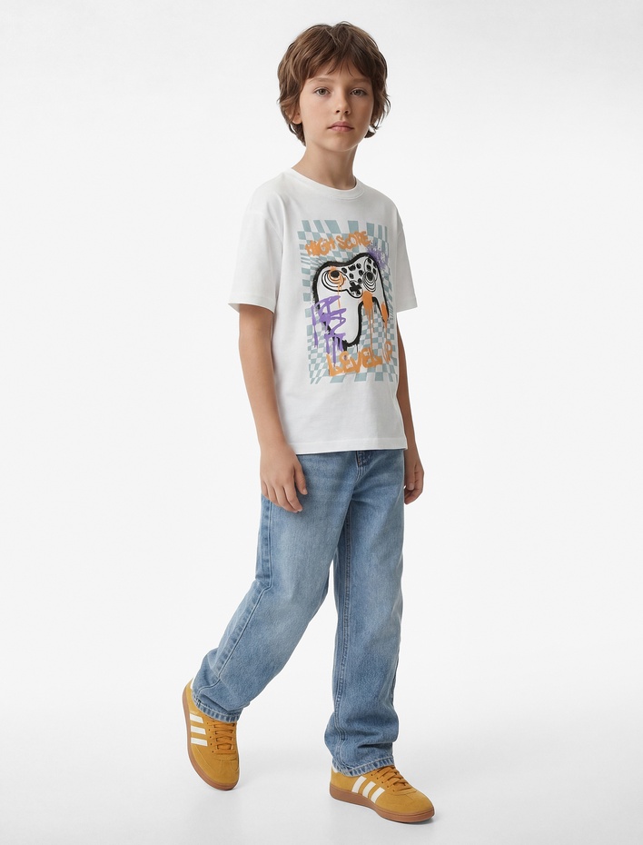 Erkek Çocuk Pamuklu Kısa Kollu Bisiklet Yaka Baskılı Tişört