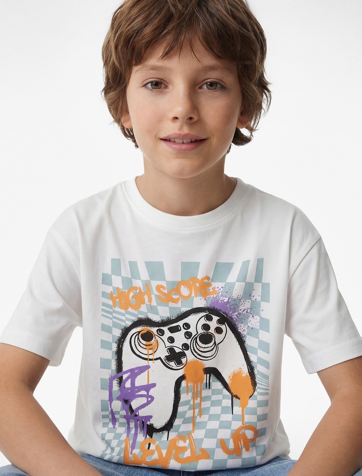 Erkek Çocuk Pamuklu Kısa Kollu Bisiklet Yaka Baskılı Tişört