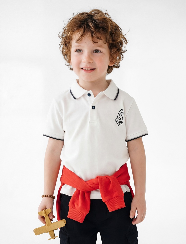Erkek Bebek Roket Baskılı Kısa Kollu Pamuklu Polo Yaka Tişört