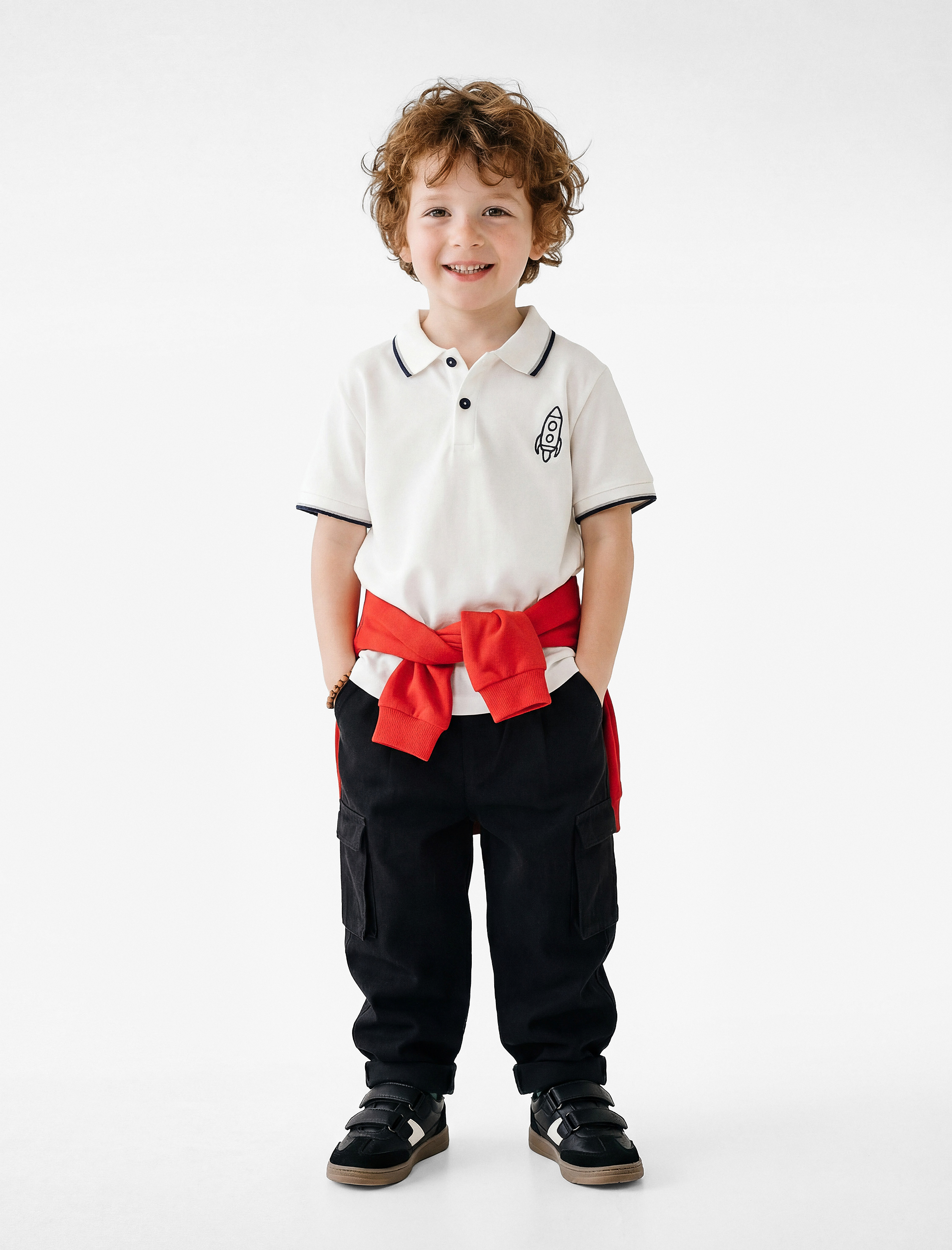  Erkek Bebek Roket Baskılı Kısa Kollu Pamuklu Polo Yaka Tişört