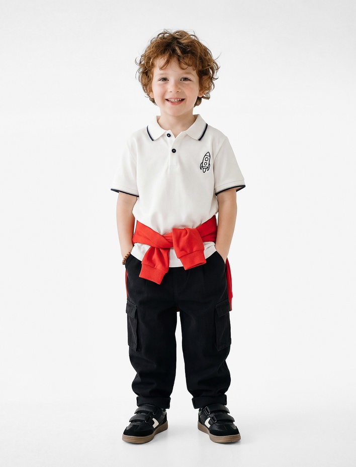 Erkek Bebek Roket Baskılı Kısa Kollu Pamuklu Polo Yaka Tişört