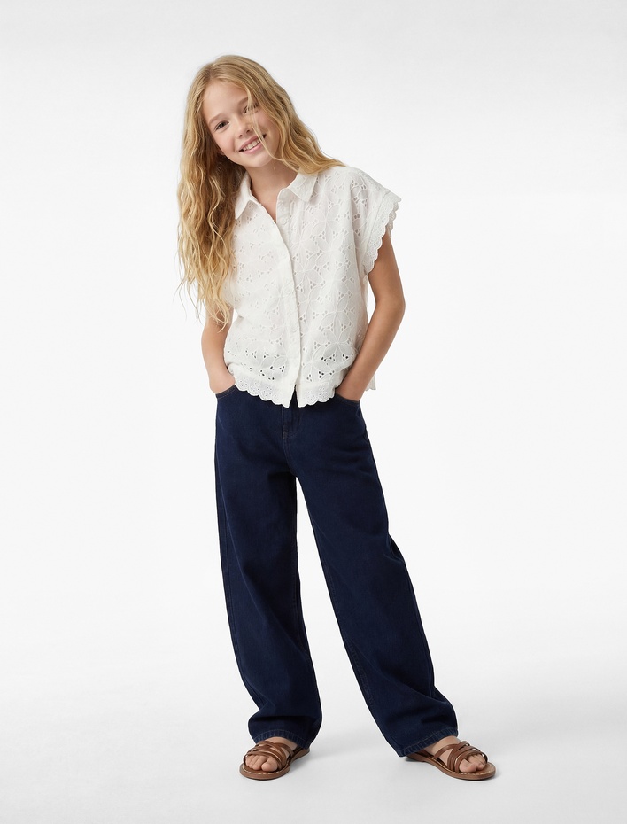 Kız Çocuk Pamuklu Düğme Detaylı Brodeli Kısa Kollu Gömlek