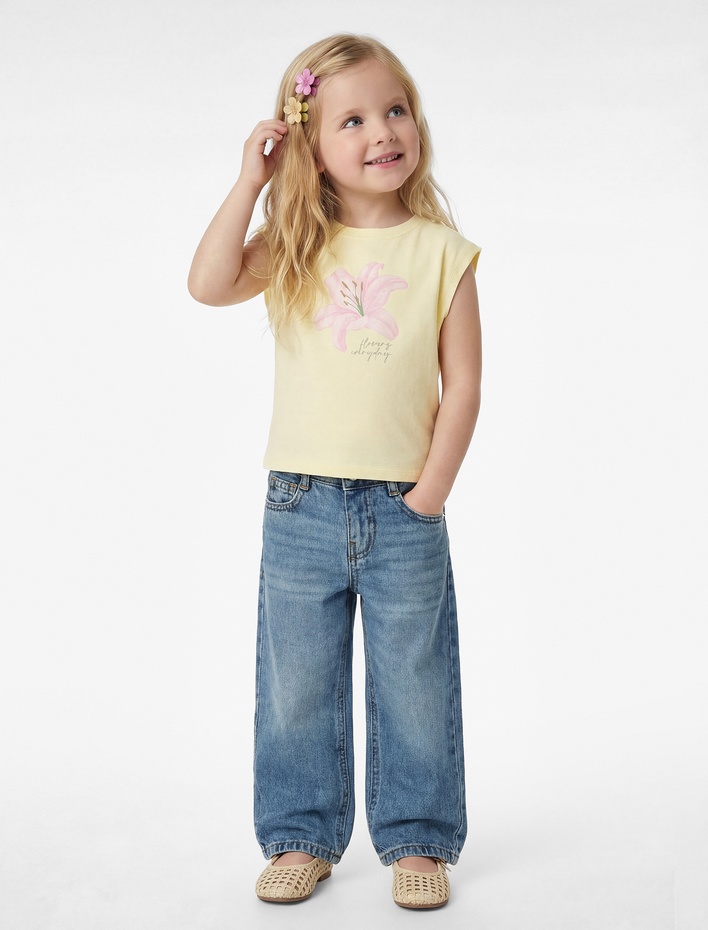 Kız Bebek Pamuklu Kolsuz Bisiklet Yaka Çiçek Baskılı Tişört
