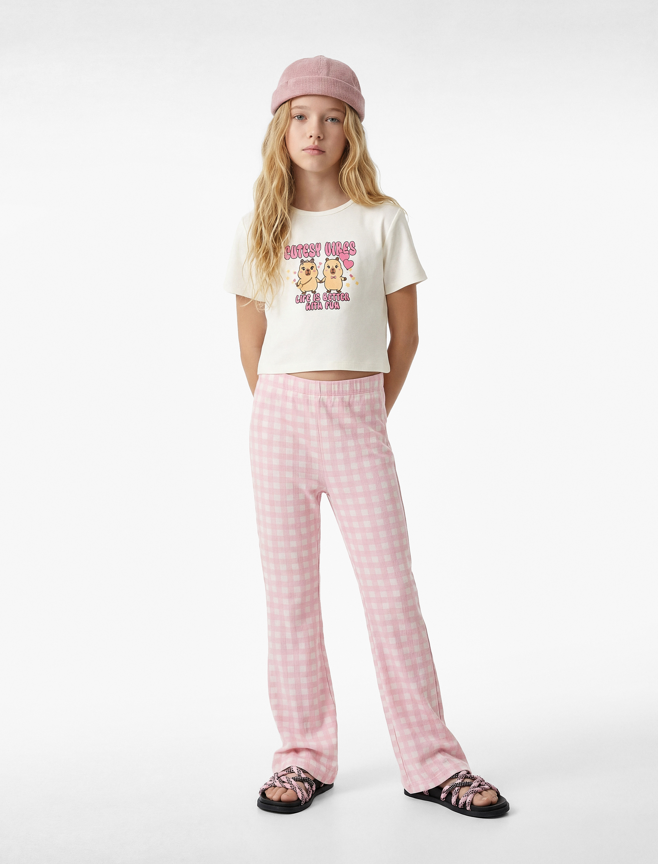 Beli Lastikli Slim Fit Ekoseli İspanyol Paça Pantolon - Görsel 2