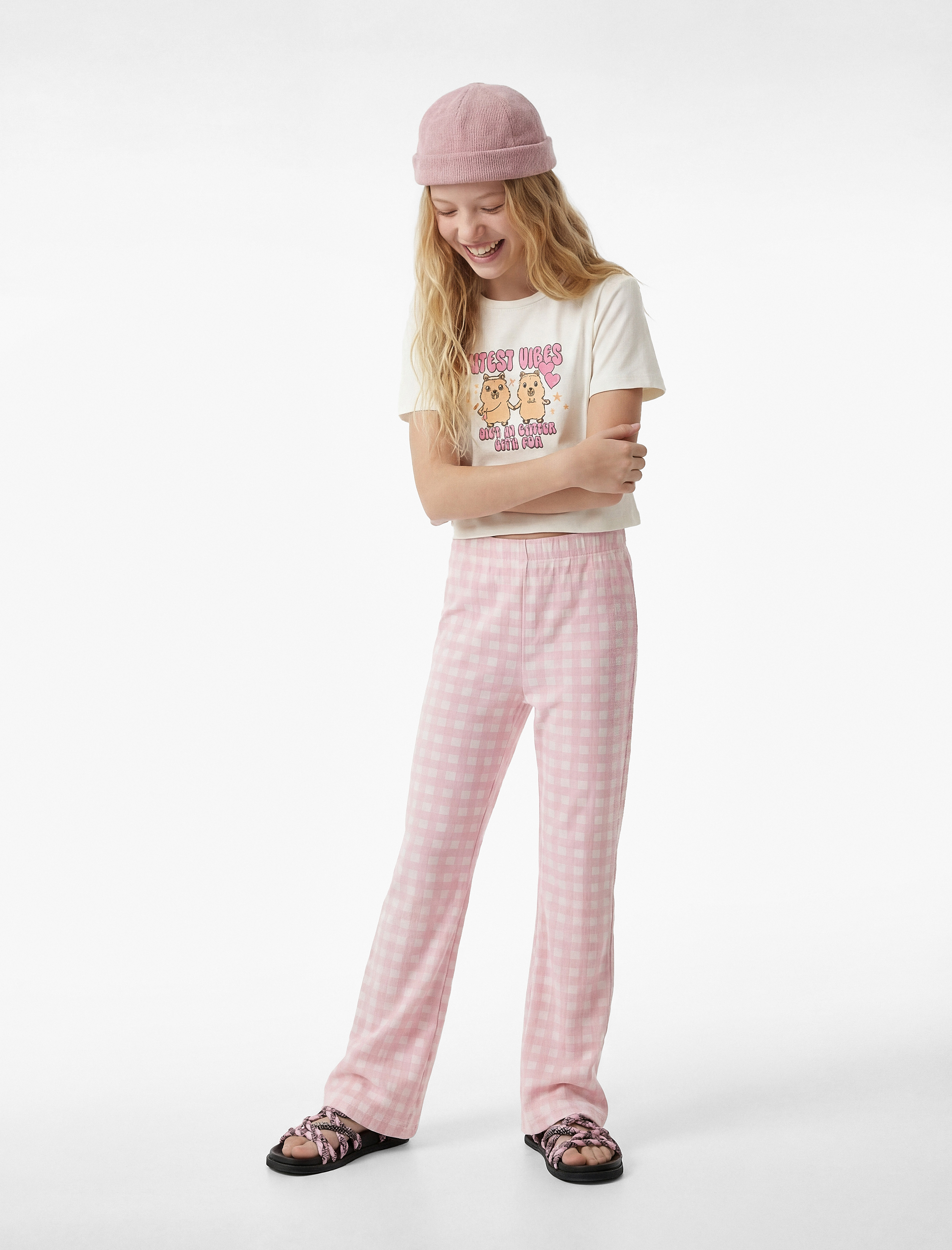 Beli Lastikli Slim Fit Ekoseli İspanyol Paça Pantolon