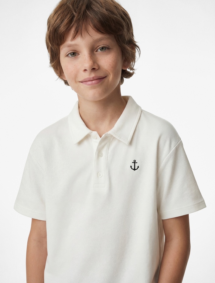 Erkek Çocuk Nakış Detaylı Kısa Kollu Pamuklu Polo Yaka Tişört