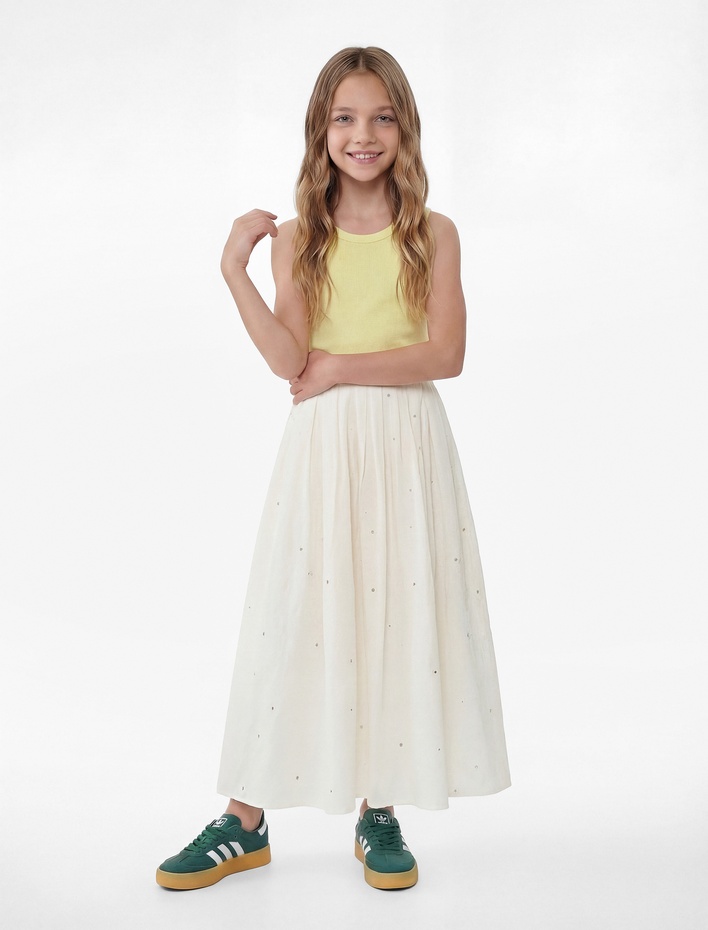 Kız Çocuk Beli Lastikli Yırtmaç Detaylı Çiçek Desenli Pileli Viskon Etek