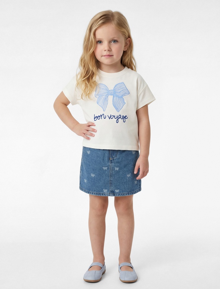 Kız Bebek Fiyonk Baskılı Kısa Kollu Bisiklet Yaka Pamuklu Tişört