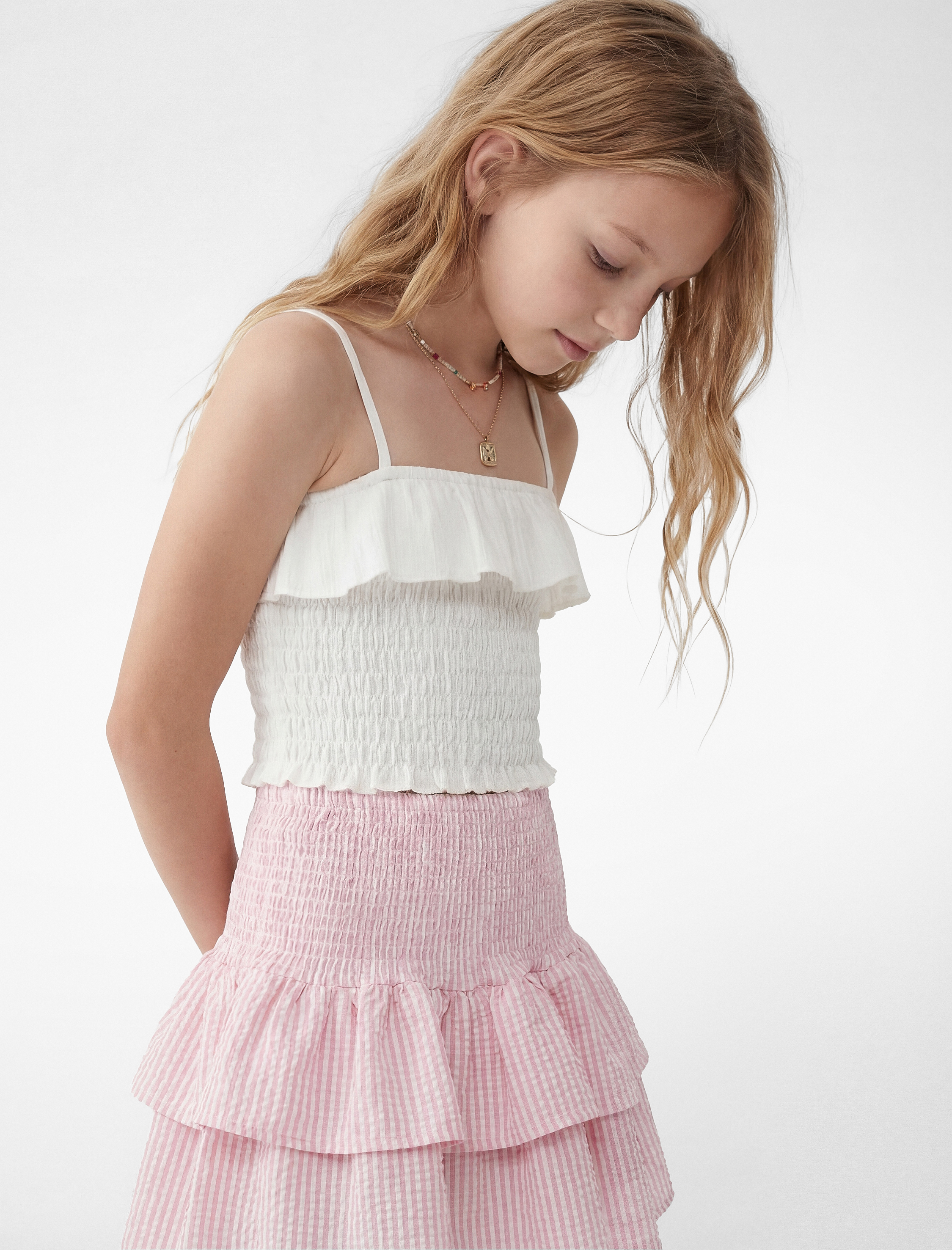 Yüksek Bel Gipeli Kat Kat Çizgili Fırfırlı Etek - Görsel 3