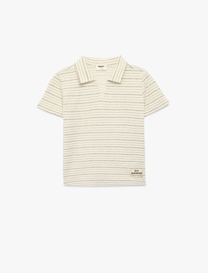 Erkek Çocuk Etiket Detaylı Kısa Kollu Polo V Yaka Çizgili Tişört