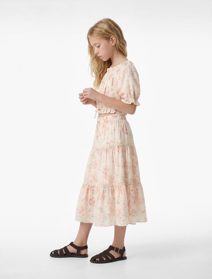Kız Çocuk Pamuklu Çiçek Desenli Katlı Volanlı A Kesim Uzun Etek