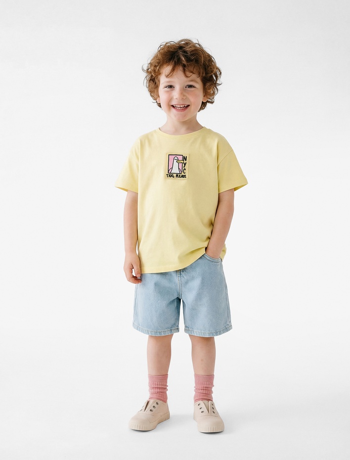 Erkek Bebek Kısa Kollu Bisiklet Yaka Pamuklu Arkası Baskılı Tişört