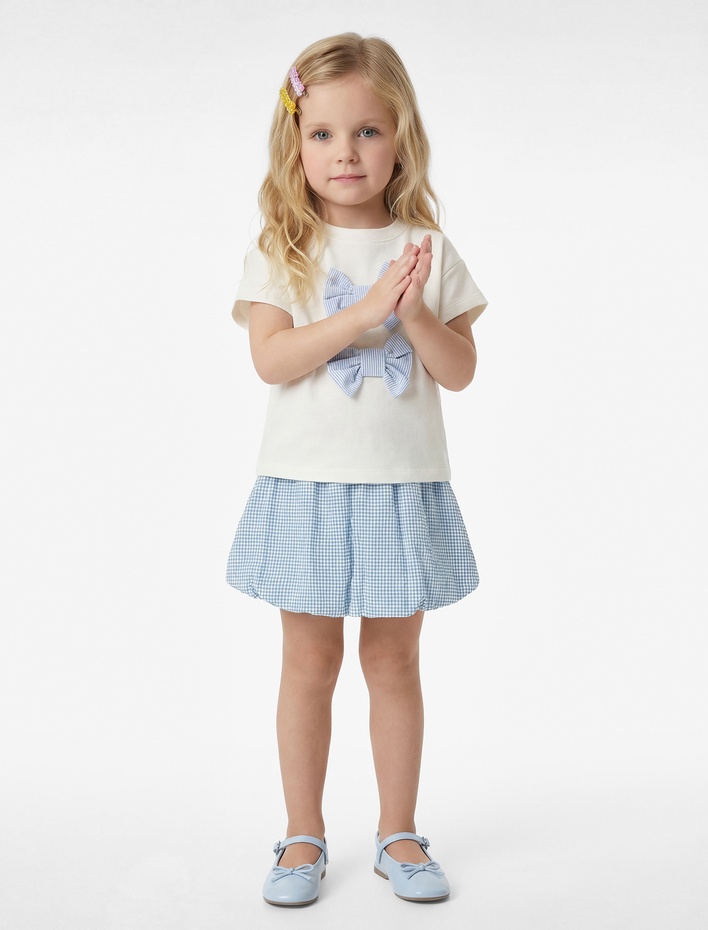 Kız Bebek Pamuklu Fiyonk Aplike Detaylı Kısa Kollu Bisiklet Yaka Tişört