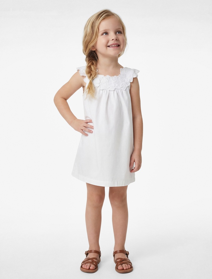 Kız Bebek Çiçek Detaylı Kolsuz Kayık Yaka Pamuklu Mini Elbise