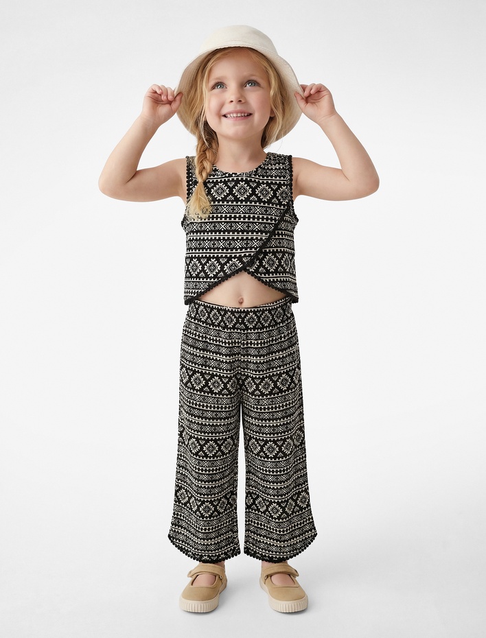 Kız Bebek Pamuklu Beli Lastikli Geniş Paça Müslin Pantolon