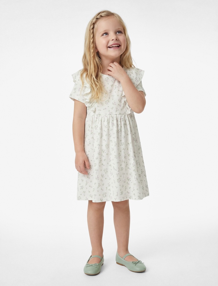 Kız Bebek Fırfır Detaylı Kısa Kollu Bisiklet Yaka Çiçekli Elbise