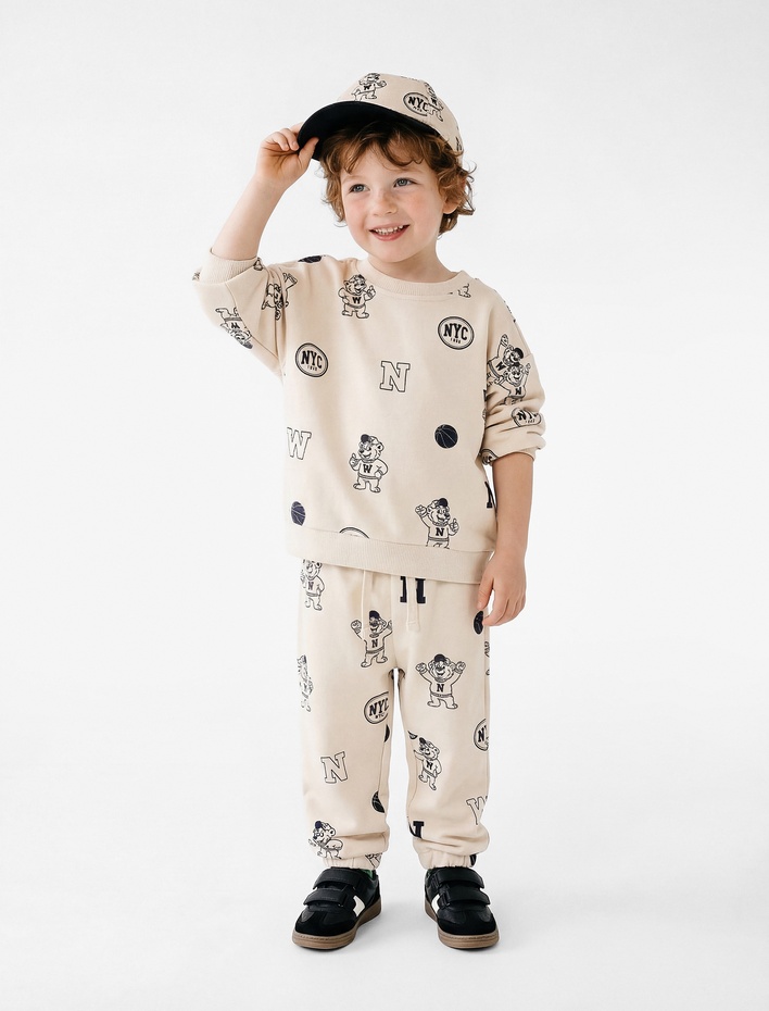 Erkek Bebek Baskılı Uzun Kollu Bisiklet Yaka Pamuklu Eşofman Takımı