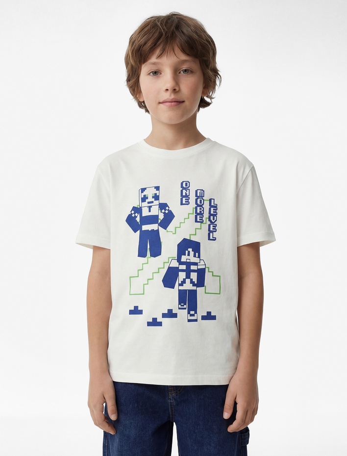 Erkek Çocuk Pamuklu Bisiklet Yaka Kısa Kollu Baskılı Tişört