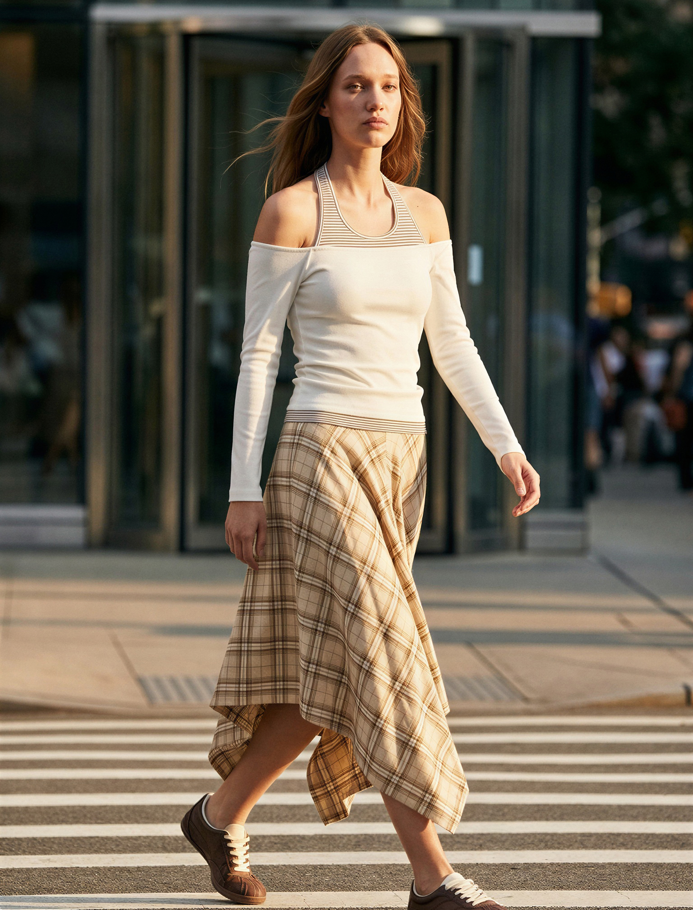   Asimetrik Kesim Midi Ekose Etek