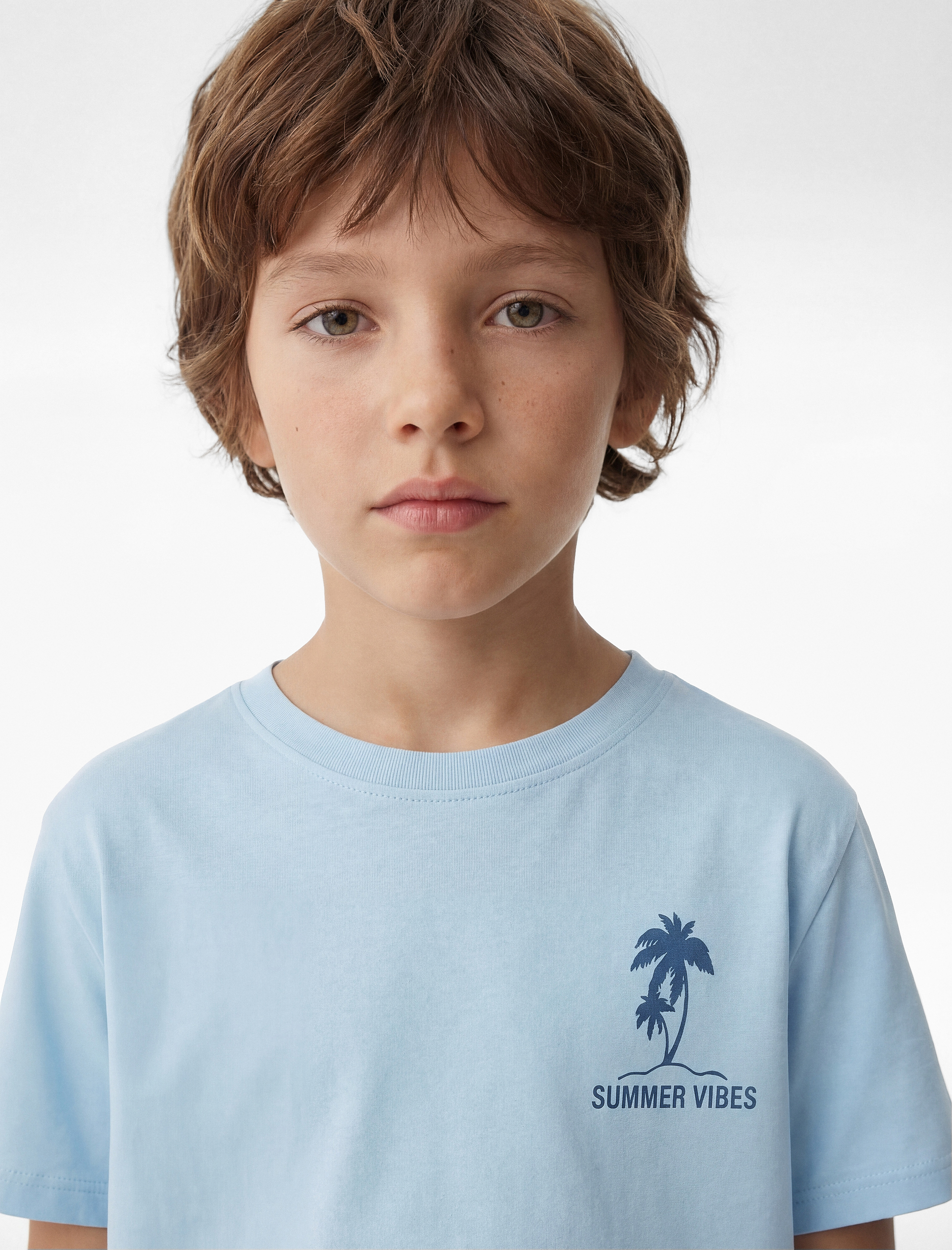 Palmiyeli Baskılı Kısa Kollu Bisiklet Yaka Pamuklu Tişört