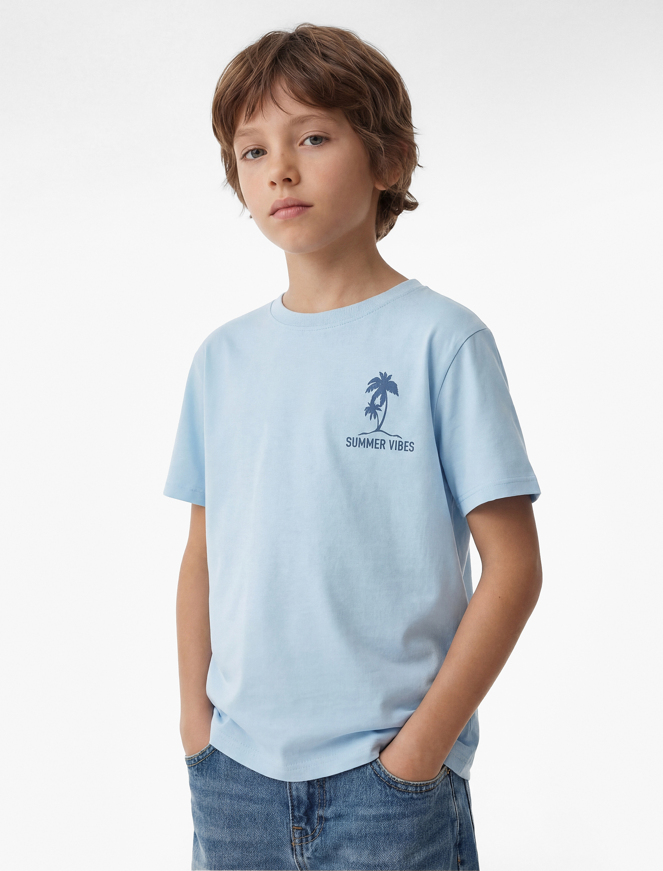 Palmiyeli Baskılı Kısa Kollu Bisiklet Yaka Pamuklu Tişört - Görsel 2