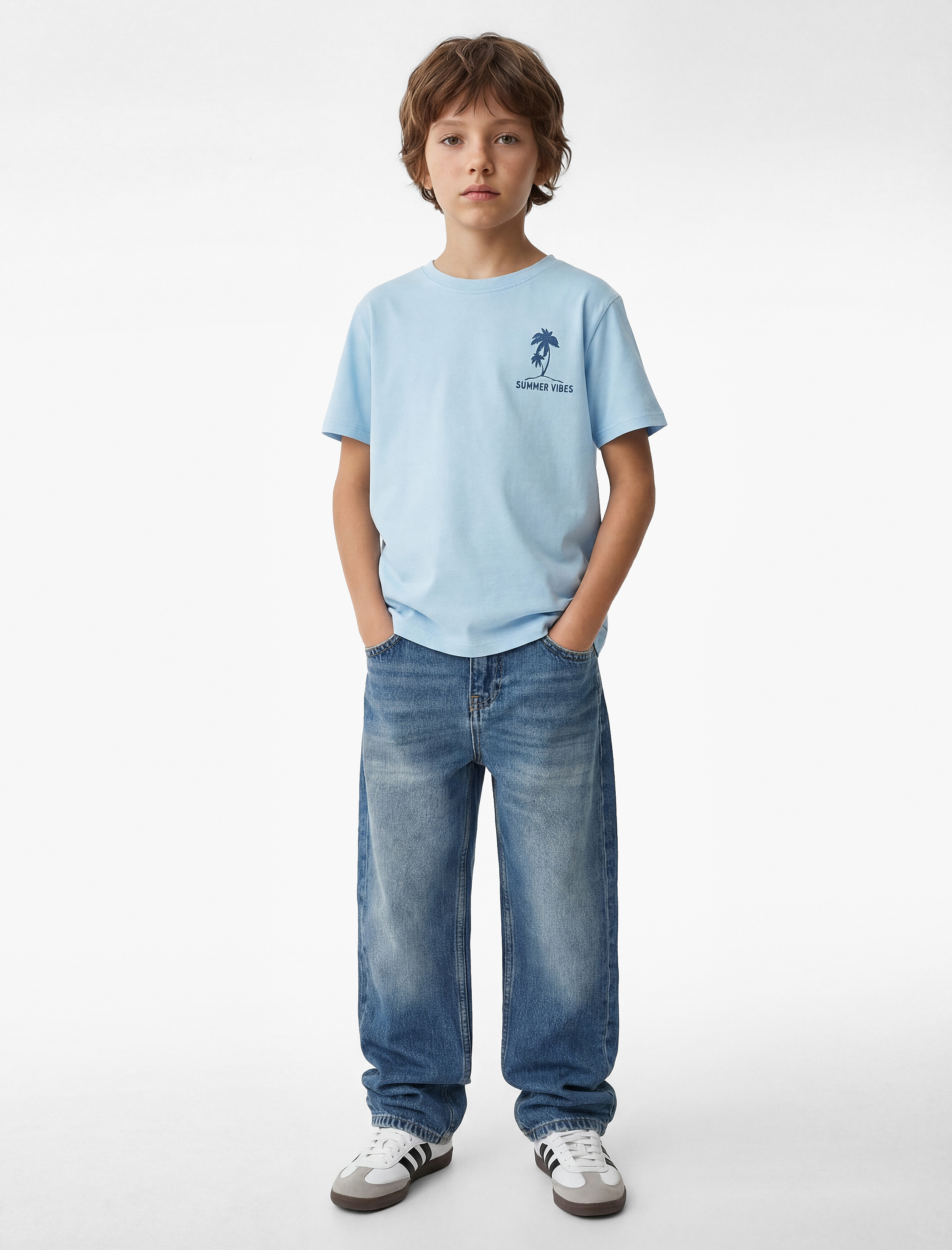 Palmiyeli Baskılı Kısa Kollu Bisiklet Yaka Pamuklu Tişört - Görsel 3