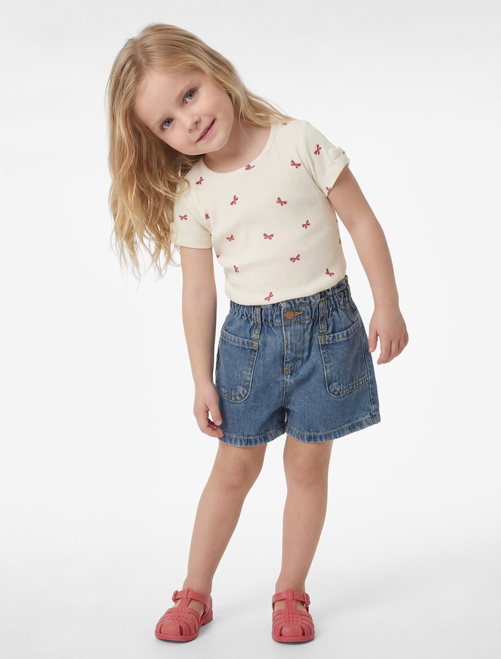 Kız Bebek Pamuklu Fiyonk Detaylı Kısa Kollu Bisiklet Yaka Tişört
