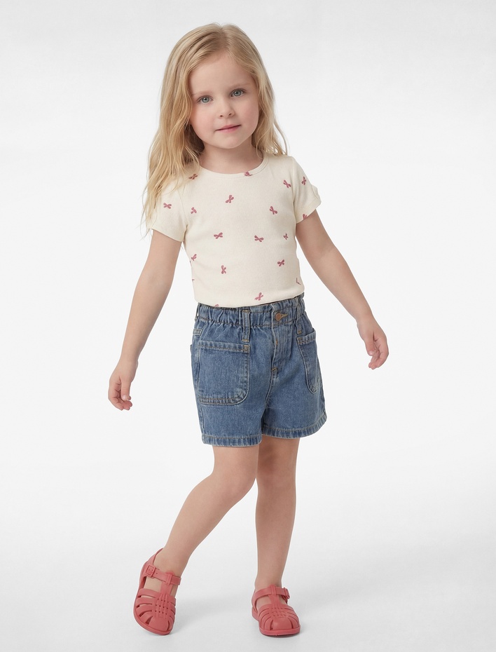 Kız Bebek Pamuklu Fiyonk Detaylı Kısa Kollu Bisiklet Yaka Tişört