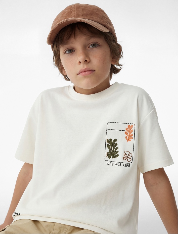 Erkek Çocuk Nakışlı Bisiklet Yaka Kısa Kollu Pamuklu Tişört