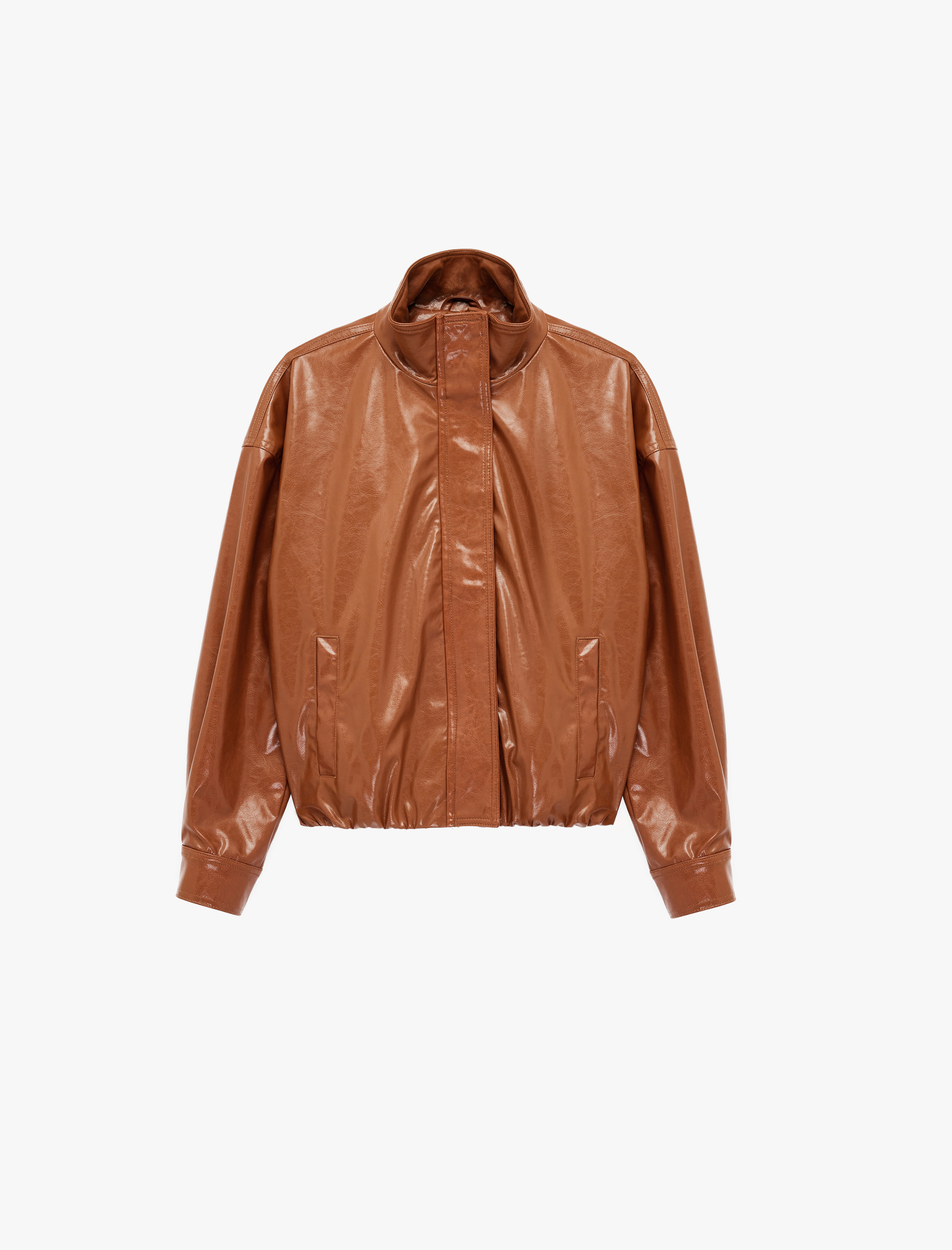   Dik Yaka Cep Detaylı Fermuarlı Suni Deri Ceket